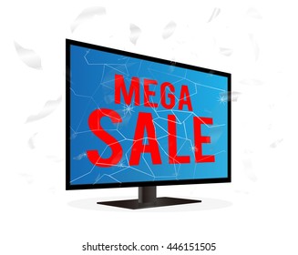 broken screen television with mega sale word