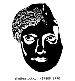 Broken sculpture head of ancient Greek or Roman goddess. Black and white silhouette. Isolated vector illustration.