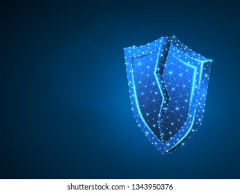Broken Security shield abstract neon 3d illustration. Polygonal Vector business concept of data protection crash. Low poly wireframe, geometry triangle, lines, dots, polygons on blue background