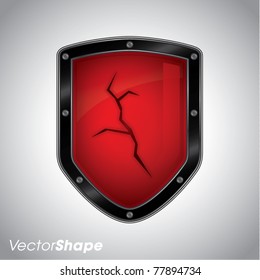 Broken security shield with crack, symbol icon, vector illustration