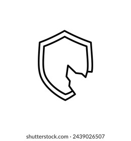 Broken security shield line icon. linear style sign for mobile concept and web design. Data unprotected outline vector icon. Symbol, logo illustration. Vector graphics