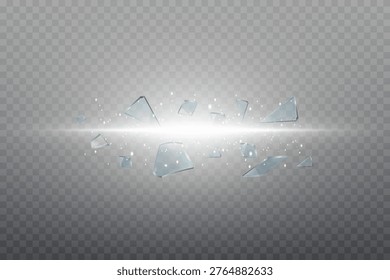 Broken shards of clear glass spreading from a central bright light on transparent background