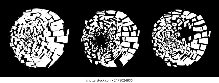 Broken Shattered Circles. Abstract Comic Book Flash Explosion Blast Radial Lines. Shattered, Fractured and Broken Geometric Shapes. Damaged Texture. Vector Illustration.