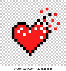 Broken shattered heart scon retro 8 bit. Hand drawn vector illustration isolated on the transparent background