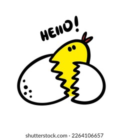 Huevo de concha rota con cabeza de pollo recién nacida.  Ilustración de contorno vectorial de un lindo y divertido pájaro y mensaje hola.