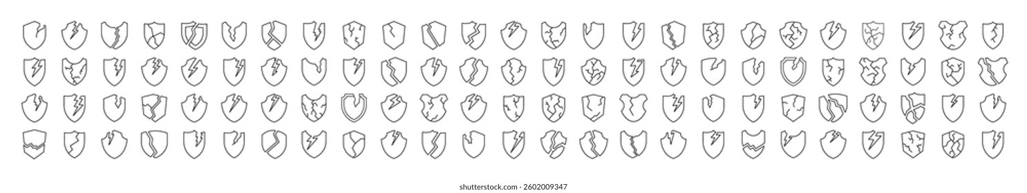 Broken Shield Bundle of Related Line Icons. Outline Signs for Graphic and Web Design, Apps, Adverts, Various Cards