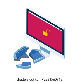 The broken shield and the desktop computer displaying an unlocked screen - internet security concept art