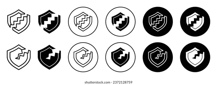 Broken shield icon. Human health protection and safety at risk symbol set. Security break by viral infection of virus and bacteria vector sign. Unprotected shield line logo. Broken  shield breach logo