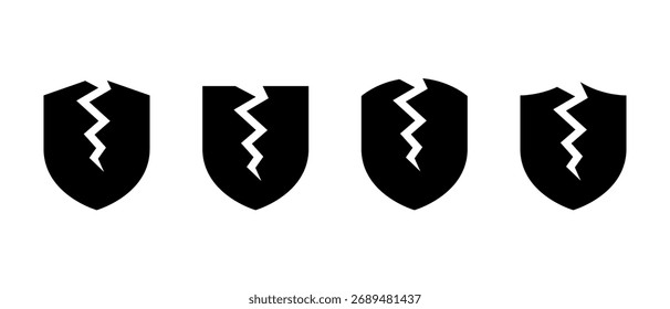 Conjunto de iconos de escudo roto. Símbolo de falla de seguridad y protección agrietada