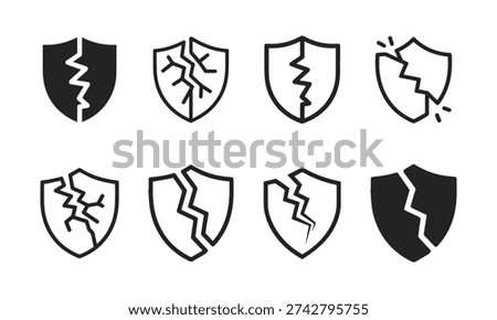 Broken shield icons set showing cracked protection symbols for security breach, vulnerability warning, and damaged defense featuring cyber security, alert, compromised with hacked and hack elements