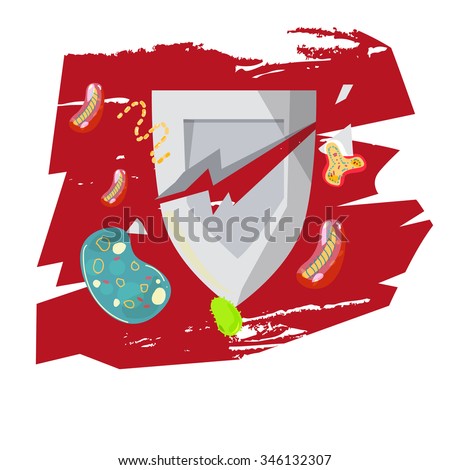 broken shield of Immune system with virus and bacteria - vector illustration