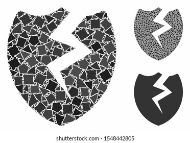 Broken shield mosaic of joggly pieces in variable sizes and color tinges, based on broken shield icon. Vector joggly pieces are united into collage. Broken shield icons collage with dotted pattern.