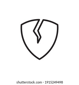 Broken Shield Outline Icon. Broken Shield Line Art Logo. Vector Illustration. Isolated On White Background. Editable Stroke