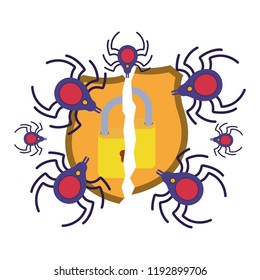 broken shield with padlock isolated icons