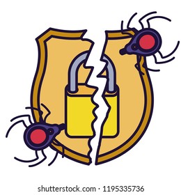 broken shield with padlock isolated icons