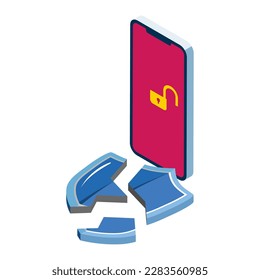 The broken shield and the smartphone displaying an unlocked screen - Internet security concept art