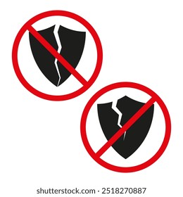 Broken shield symbol. Red prohibition circle. Security breach warning. Protection alert.