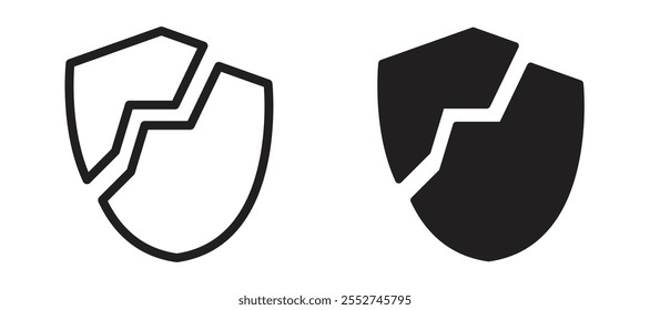 Broken shield vector icon set black filled and outlined style.