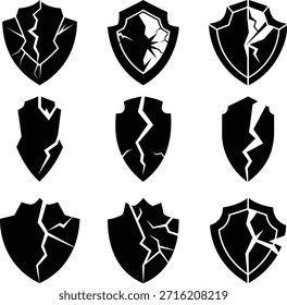 Conjunto de silueta de Vector de escudo roto que representa el concepto de falla y daño de protección
