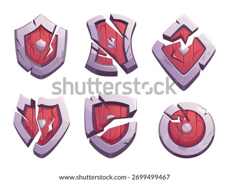 Broken shields. Cartoon medieval damaged weapons exact vector retro armor for knight