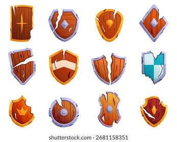 Escudos rotos iconos medievales. Equipo de guerra para seguridad, protección de herramientas dañadas. Varios elementos de escudo de madera de metal de estilo antiguo, Clipart de Vector sapid