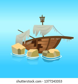 A broken ship in the sea. Vector illustration in cartoon style.