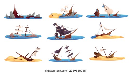 Broken ships. Shipwreck in caribbean sea, wrecks survival ship on island desert beach landscape, sinking brigantine or pirate battleship in underwater ingenious vector illustration of shipwreck broken