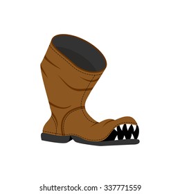 Broken shoes. Monster Old boots with teeth. Hole in boot.
