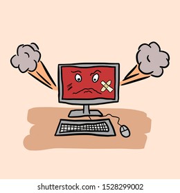 Broken and sick computer needs repair and support. Smoke coming from screen with angry face. Cartoon doodle vector illustration isolated.