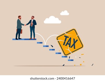 Broken sign tax. Businessmen shaking hands and agreeing on taxes. Accounting or bills, wealth management. Vector illustrations.