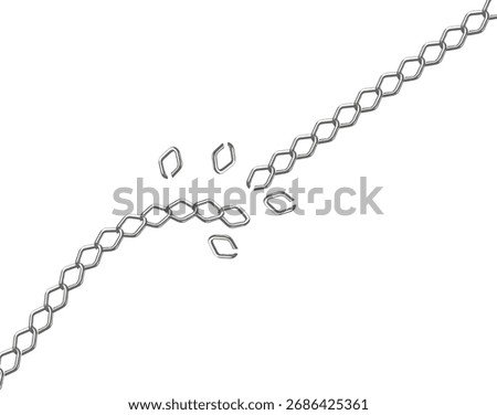 Broken silver chain on a white background symbolizing fragility