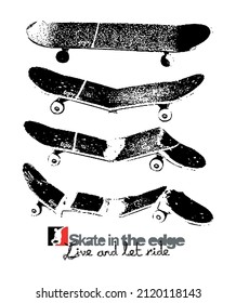 Broken skate board string vector illustration. Art in rustic lines with text alluding to the sport.