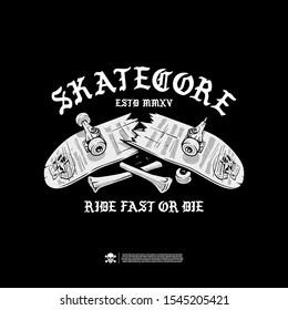 Broken skate and the inscription skatecore. Design for printing on t-shirts, stickers and more. Vector.