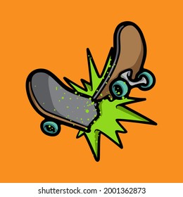 Broken skateboard. Extreme sport object concept. Vector illustration isolated on orange background