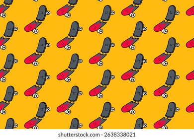 skate quebrado com motivo de fogo padrão colorido em fundo amarelo. placa de quebra com chama queimando doodle plano de fundo padrão sem costura para o esporte de skate e peças de skate loja mercadoria