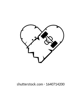 Broken skateboard heart outline icon. Clipart image isolated on white background