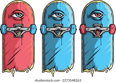 broken Skateboard with one eye set of different colors, sticker, crying eye, print for clothes t-shirt