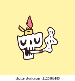 Broken skeleton head with gas lighter and smoking cigarette, illustration for t-shirt, sticker, or apparel merchandise. With retro cartoon style.