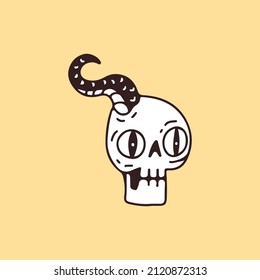 Broken skeleton head and snake, illustration for t-shirt, sticker, or apparel merchandise. With retro cartoon style.