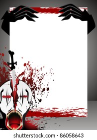 broken skull, blood background with witch hand holding halloween dirty banner