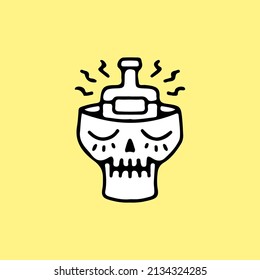 Broken skull head with beer bottle inside, illustration for t-shirt, street wear, sticker, or apparel merchandise. With doodle, retro, and cartoon style.