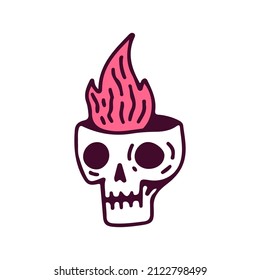 Broken skull head with fire, illustration for t-shirt, sticker, or apparel merchandise. With doodle, soft pop, and cartoon style.