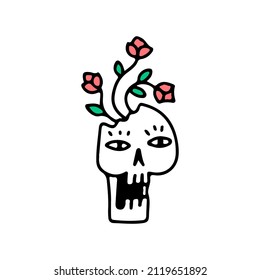 Broken skull head with flowers, illustration for t-shirt, sticker, or apparel merchandise. With pop art cartoon style.