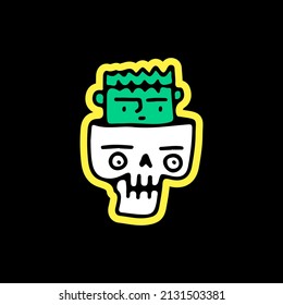 Broken skull head and Frankenstein, illustration for t-shirt, sticker, or apparel merchandise. With doodle, retro, and cartoon style.