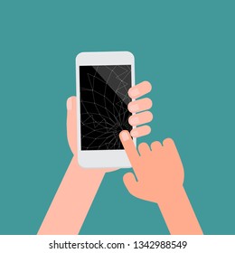Broken smartphone with black screen and isotad green background .Crashed cell phone flat cartoon style .Hands touching phone crack concept