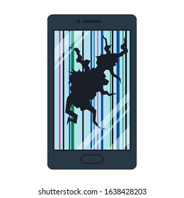 Broken smartphone or cellphone isolated on white background. Mobile phone with cracked screen. Electronic gadget or device with damaged display or touchscreen. Flat cartoon vector illustration.
