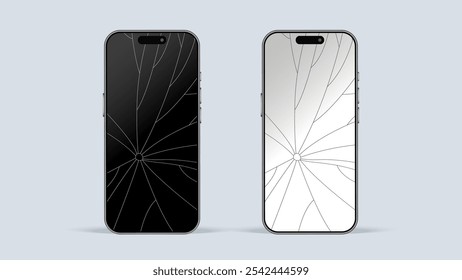 Smartphone roto. Pantallas agrietadas y pantalla móvil inteligente dañada. Servicios Realistas 3D. Vector.