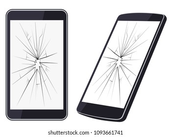 Broken smartphone with cracked touch screen, cell phone  isolated on white background. 
