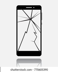 Broken smartphone with cracked touch screen, cell phone flat icon pictogram with reflection and shadow isolated on white background. Vector illustration.