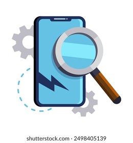 broken smartphone device with magnifying glass icon isolated 